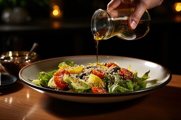 Pouring olive oil on a salad.