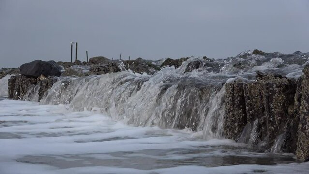 Wasserfall durch Gezeitenstr&ouml;mung im Wattenmeer mit wilden Austern- und Miesmuschelb&auml;nken, Priel, Ebbe, Nordsee