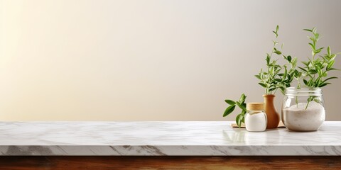 Modern kitchen background with empty marble table for product or food display.