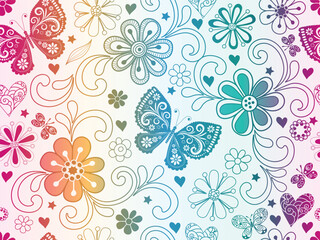 Fototapeta na wymiar Vector gradient valentines pattern with hearts and flowers and butterflies in doodle style on a white background