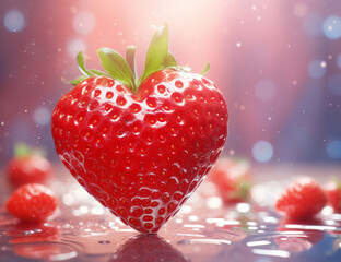 isolated heart shaped strawberry with green leaf and red background. Copy space.