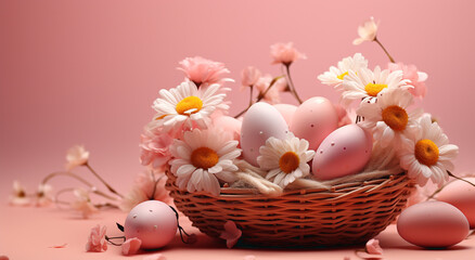 Fototapeta na wymiar Pastel three white easter eggs in the nest with cuckooflower, white and pink flowers with catkins on white patterned tablecloth