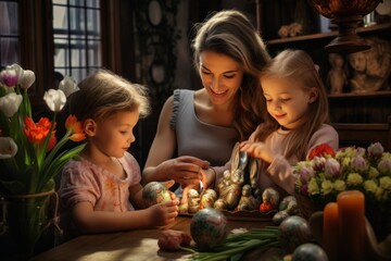 Mom and children are preparing to celebrate Easter, decorating and painting Easter eggs