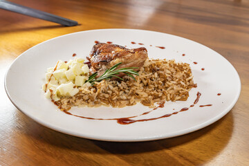 pork bondiola with bbq sauce with rice and steamed potato