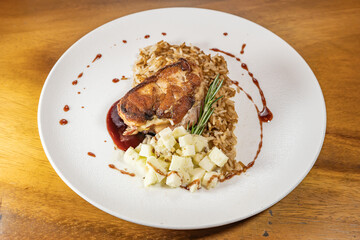 pork bondiola with bbq sauce with rice and steamed potato