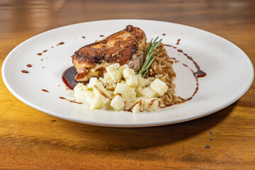 pork bondiola with bbq sauce with rice and steamed potato
