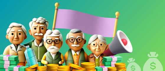 Retirement Seniors Concept and Duration of Life and Spending Money on Retirement Travel. goal, development, happiness, healthcare, travel, quality of life, friends, calm, 3d rendering