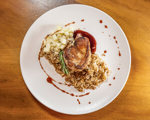 pork bondiola with bbq sauce with rice and steamed potato