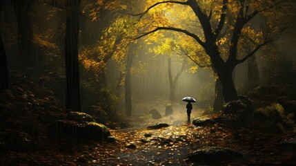  a person with an umbrella standing in the middle of a forest with leaves on the ground and trees with yellow leaves on the ground and a path in the foreground.