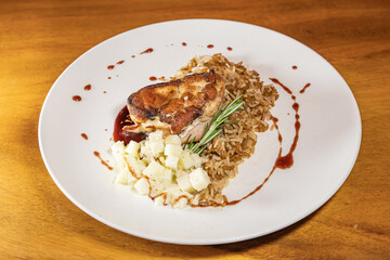 pork bondiola with bbq sauce with rice and steamed potato