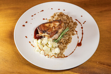 pork bondiola with bbq sauce with rice and steamed potato