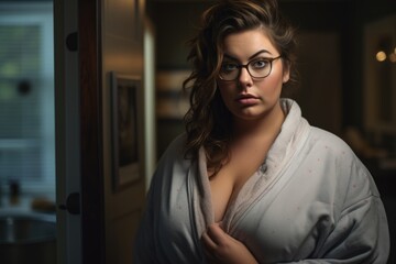 a cute plus size woman with bathrobe in small bathroom interior