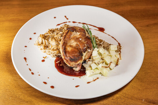 pork bondiola with bbq sauce with rice and steamed potato