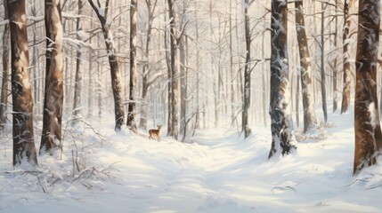  a painting of a snowy forest with a deer in the foreground and trees on the far side of the picture, with snow on the ground and in the foreground.