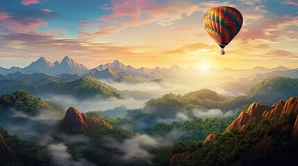  a painting of a hot air balloon flying in the sky over a mountain range with low lying clouds in the foreground and a rising sun in the distance in the background.