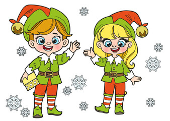 Cute cartoon boy and girl in Santa elves suit surrounded by snowflakes color variation for coloring page on white background