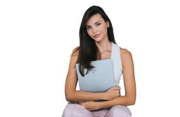 Stunning Asian young brunette woman in casual against transparent background holds laptop looks at camera. Beautiful businesswoman remote working. Business and financial people.