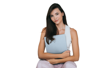 Stunning Asian young brunette woman in casual against transparent background holds laptop looks at camera. Beautiful businesswoman remote working. Business and financial people.