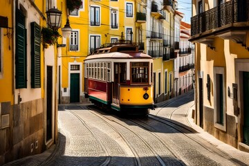 yellow tram on the street, The colorful streets of Lisbon come alive with a kaleidoscope of vivid facades, each building telling a unique story
