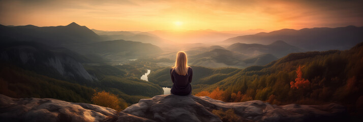 Young woman sitting on a ledge of a mountain and enjoying the beautiful sunset over a wide valley.  - obrazy, fototapety, plakaty