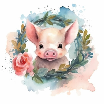 Beautifully watercolor painting of a baby pig surrounded by a wreath of colorful flowers and leaves on white background, nursery room concept