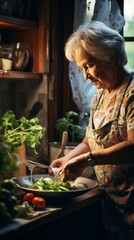 Senior woman washes various vegetables