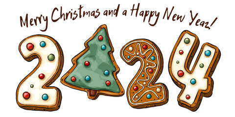 Fototapeta na wymiar Text 2024 in gingerbread style with multi-colored icing. New Year, sweet, dessert or winter holiday theme, Isolate individual PNG objects