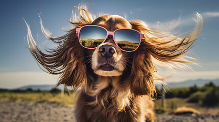 Cool Dog with Flowing Hair Wearing Sunglasses on Sunny Day
