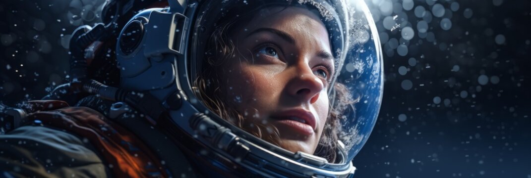 Female astronaut in a helmet close-up before a flight into space, thoughtful smart face of a brave woman, space exploration, banner