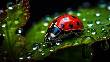  a ladybug sitting on a green leaf with drops of water on it's back and a black background with green leaves and drops of water on it.