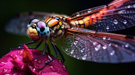  a close up of a dragonfly on a pink flower with drops of water on it's wings and wings, with a dark background of green and pink flowers.