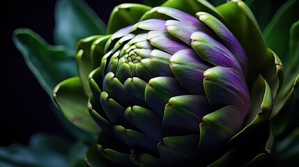  a close up view of a purple and green artichoke with leaves in the foreground and a dark background with only one flower budding in the foreground. - obrazy, fototapety, plakaty
