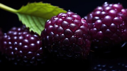  a close up of a bunch of blackberries with a green leaf on a black surface with water droplets on the top of the berries and a green leaf on the bottom of the.