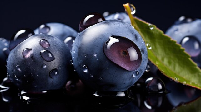 a close up of a group of blueberries with drops of water on them and a green leaf on the other side of the photo, with a black background.