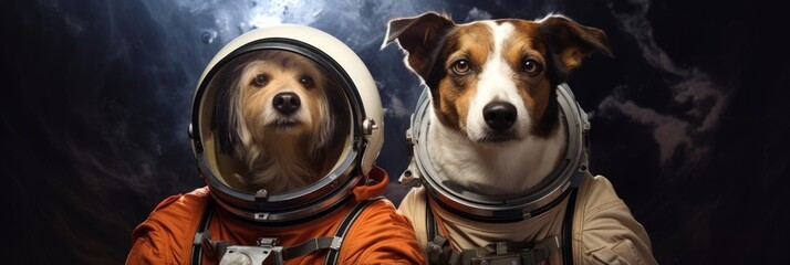 First dogs astronauts in spacesuits, space exploration, banner - obrazy, fototapety, plakaty