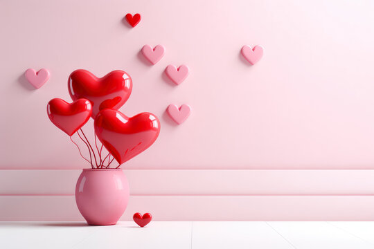 valentine's day 3d render background with hearts bouquet in a vase with copy space for text. AI generated
