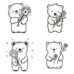 set of bear with flower bouquet on her hand