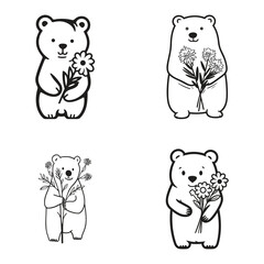 set of bear with flower bouquet on her hand