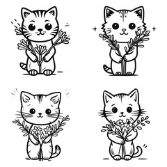 set of cat with flower on her hand