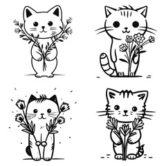 set of cat with flower on her hand