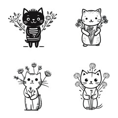 set of cat with flower on her hand