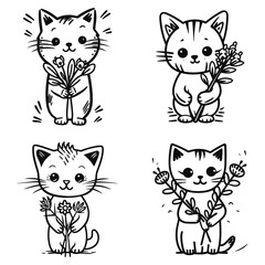 set of cat with flower on her hand