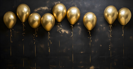 Golden balloons with with sparkles and confetti on dark background. Celebration, holiday, birthday party template - obrazy, fototapety, plakaty