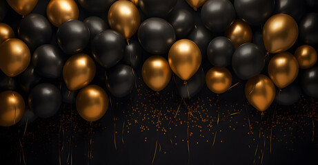 Fototapeta na wymiar Golden balloons with with sparkles and confetti on dark background. Celebration, holiday, birthday party template