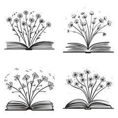 Illustration of floral books book with flowers and open developmental page 