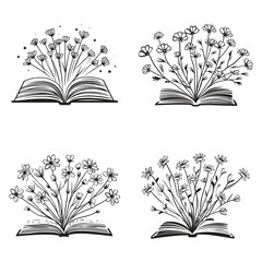 Illustration of floral books book with flowers and open developmental page - obrazy, fototapety, plakaty