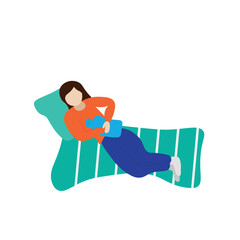 A girl lies in bed with a heating pad, isolated on white, flat vector, faceless illustration, the girl is sick