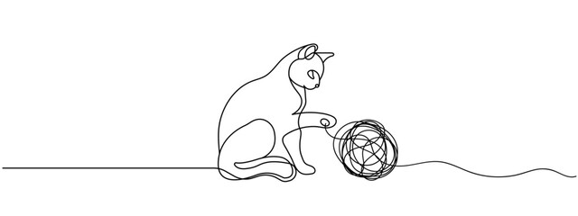 Cat playing toy ball one line drawing vector illustration