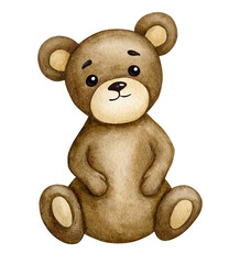 Cute baby bear. Children's watercolor illustration. Baby shower, birthday, children's party. Design element for invitations, packaging, greeting cards, logos, labels, etc.
