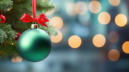 Green Christmas ball with red bow on blurred background of Christmas tree, Space for text
